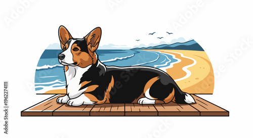 A tri-color corgi rests on a wooden deck overlooking a coastal scene
