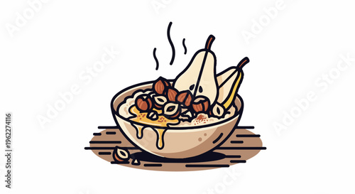 A warm bowl of porridge topped with sliced pears and nuts