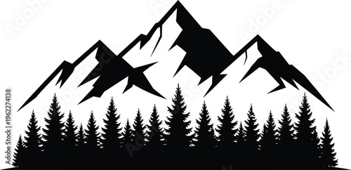 Black and white silhouette illustration of coniferous forest with jagged mountain peaks, symbolizing wilderness, outdoor adventure, natural landscape, and environmental design themes