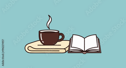 A warm drink and an open book rest on a folded cloth