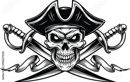 Black and white stylized illustration of pirate skull with tricorn hat, crossed swords, and flowing ribbons, symbolizing adventure, rebellion, piracy, and bold design themes