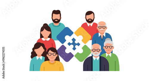 Multi-Generational Community & Diversity with Puzzle Connection Illustration