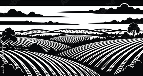 Black and white stylized illustration of rural landscape with rolling hills, cultivated fields, trees, and clouds, symbolizing agriculture, countryside scenery, and environmental design themes
