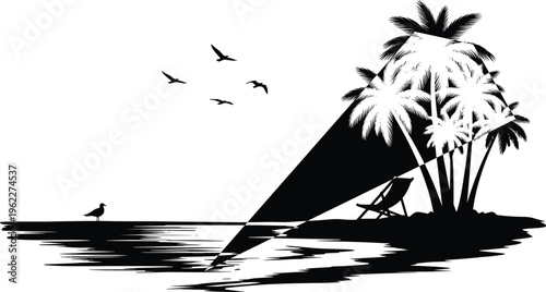 Black and white tropical beach silhouette illustration featuring palm trees, birds, beach chair, and serene coastal scenery with artistic contrast for design, travel, and relaxation themes