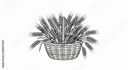 A woven basket overflows with a bountiful harvest of detailed wheat stalks