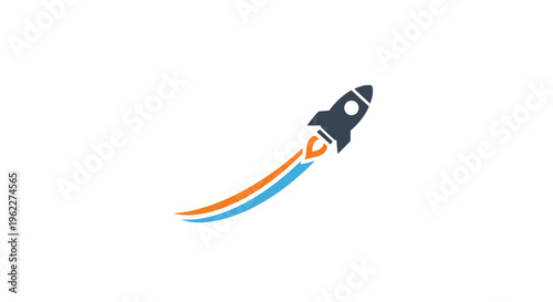 Rocket ship soaring skyward, leaving trails of orange and blue in its trajectory