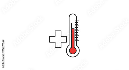 Iconic thermometer with addition sign representing increased heat or fever concept