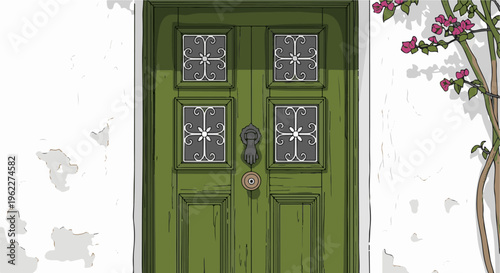 A weathered green door with ornate window panes and a unique knocker