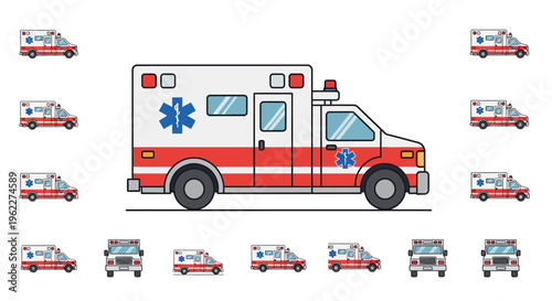 Illustrated depiction of a medical ambulance, emergency vehicle with various perspectives