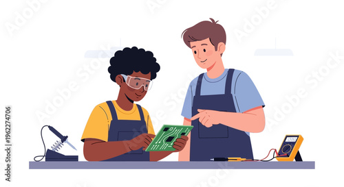 STEM Education: Young Boy Learning Electronics from Mentor. Teacher Guiding Student on Circuit Board with Soldering Iron and Multimeter in a Technology Workshop.