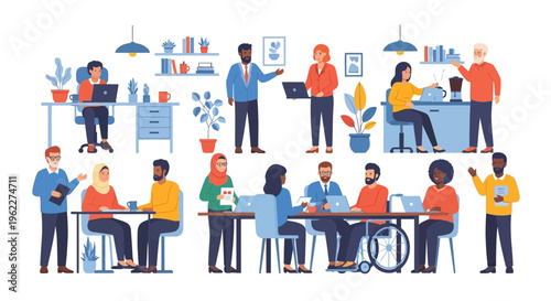 Diverse Global Business Team Collaborating in Modern Office. Professionals Working, Meeting & Communicating in Inclusive Workspace.