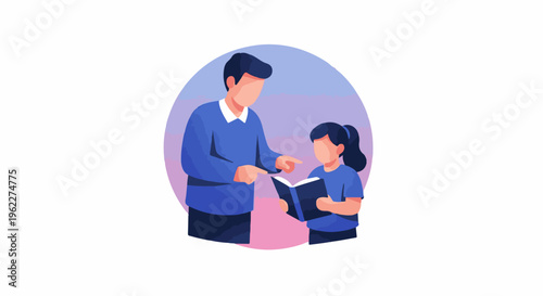 Adult teaching child reading a book against a gradient background