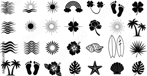 Black silhouette icon set of 30 summer and tropical elements including palm trees, waves, sun, flowers, seashells, and surfboards for vacation and beach design themes