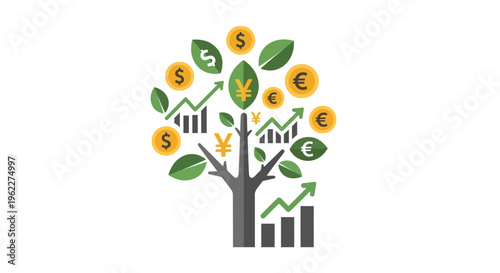 Conceptual representation of financial growth, investment, and global currency diversification