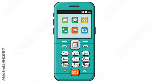 A teal-colored cell phone with a keypad and SOS button on a white background