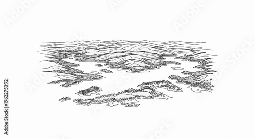 Aerial view of a tranquil lake surrounded by rolling, wooded hills and islands