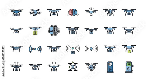 Set of Various Drone Icons Representing Technology, AI, and Future Applications