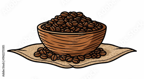 A woven bowl brimming with roasted coffee beans sits on burlap