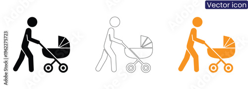 Vector icons of a person pushing a baby stroller in black, line art, and orange on a white background, suitable for parenting and childcare concepts