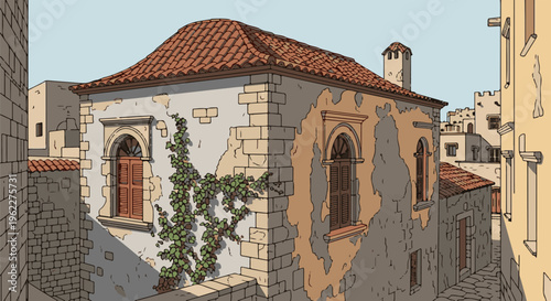 Aged building with vine in sunlit Mediterranean street