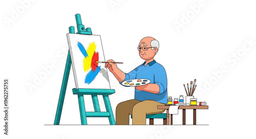 An elderly man painting a vibrant abstract artwork in a studio