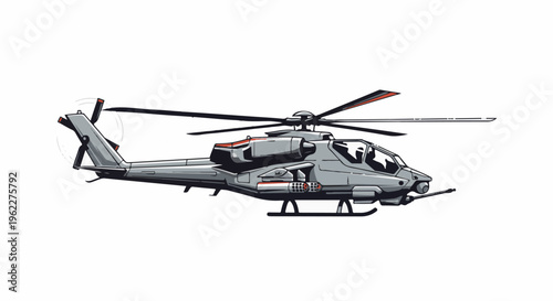 Aggressive gray attack helicopter with mounted weaponry and rotor blades spinning