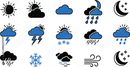 Weather forecast icons set sun cloud rain snow wind moon