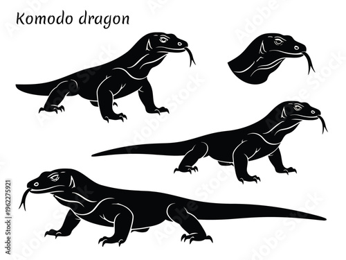 Komodo Dragon Silhouette Vector Set, Giant Lizard Poses Collection, Walking Standing and Foraging Monitor Lizard Icons, Minimalist Black Wildlife Illustrations for Logo and Design