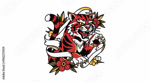 Aggressive red tiger with traditional tattoo style, flowers, and banner