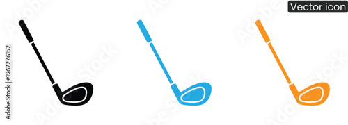Vector icons of golf clubs in black, blue, and orange colors, isolated on white background, for sports and recreation designs