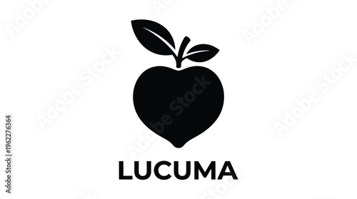 Black silhouette of a lucuma fruit with a leaf and text below silhouette