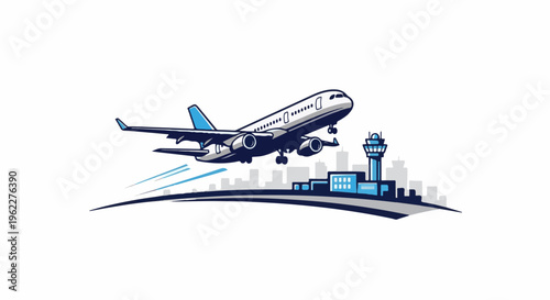 Airplane taking off over a city skyline with control tower