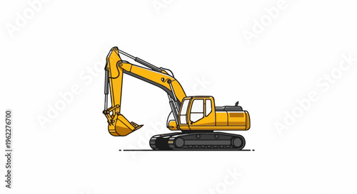 A yellow excavator with a large bucket is shown against a white background
