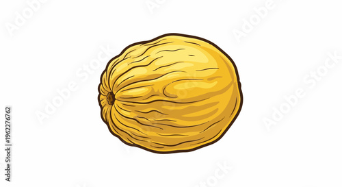 A yellow, textured fruit with visible lines and a central stem