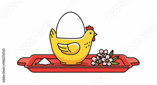 A yellow hen-shaped egg holder with a large white egg on a red tray
