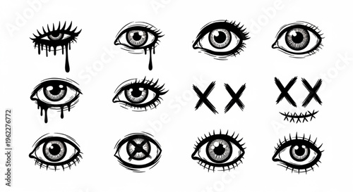 Urban Graffiti Eyes Vector Illustration Sheet in Black Ink Grunge Punk Street Art Style