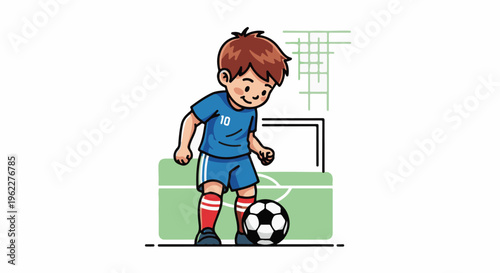 A young boy in a blue soccer uniform with number 10 plays with a soccer ball