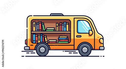 A yellow van transformed into a mobile library, carrying books