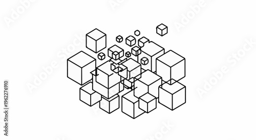 Abstract arrangement of varying size cubes with intersecting lines