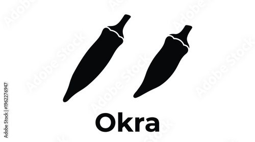 Two okra pods and the word okra shown in a dark silhouette