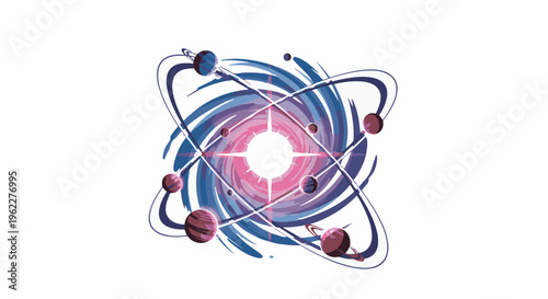 Abstract celestial atom with orbiting planets and glowing center