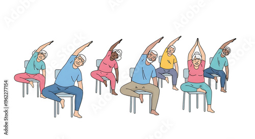 A group of diverse people practicing chair yoga in a modern fitness class with a focus on wellness and flexibility