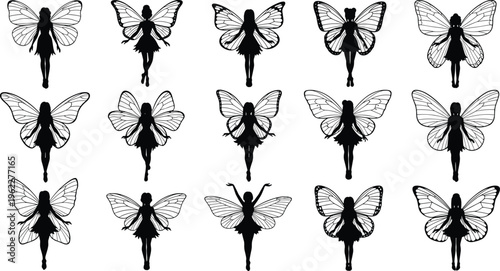 Fairy silhouettes with wings in various poses, detailed black fantasy characters isolated for magical design, fairy tale themes, decorative elements, and illustration projects