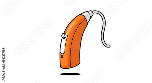 A vibrant orange hearing aid with a sleek design and transparent background