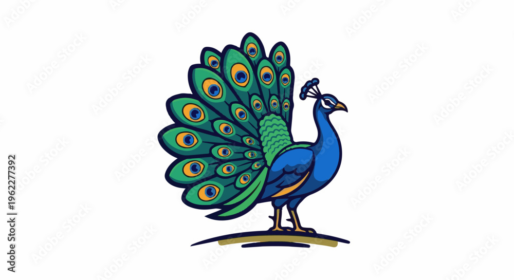 Fototapeta premium A vibrant cartoon peacock displays its impressive fanned tail feathers