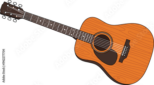 Classic wooden acoustic guitar vector illustration with detailed grain and strings isolated on a white background.