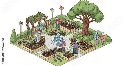 A vibrant community garden filled with people socializing and enjoying nature in a beautifully designed outdoor space.