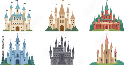 Cartoon, fairy, tale, castles, fantasy, kingdom, palace, medieval, architecture, princess, tower, colorful, illustration, set, collection, storybook, magic, design, cute, landscape