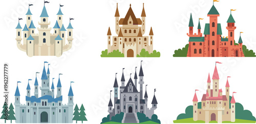 Cartoon, fairy, tale, castles, fantasy, kingdom, palace, medieval, architecture, princess, tower, colorful, illustration, set, collection, storybook, magic, design, cute, landscape
