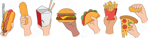 Cartoon, fast, food, hands, holding, burger, pizza, hotdog, fries, taco, snack, meal, junkfood, takeaway, illustration, colorful, eating, set, vector, delicious